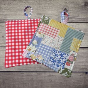 Handmade Potholder, Set of 2, Reversible Boho Patchwork and Red Gingham Hot Pad